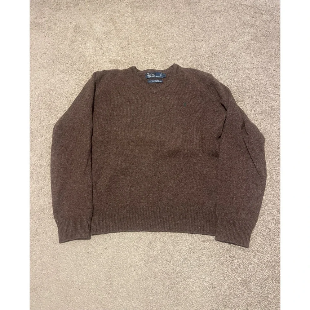 Polo Ralph Lauren Sweater Mens Large Brown Lambs Wool V-Neck Pony Logo